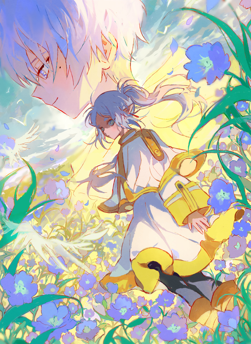 12anchovy 1boy 1girl absurdres black_pantyhose blue_eyes blue_flower blue_hair capelet closed_mouth commentary day dress dutch_angle earrings elf falling_feathers feathers floating_hair flower frieren highres himmel_(sousou_no_frieren) jewelry long_hair long_sleeves looking_at_viewer mole mole_under_eye outdoors pantyhose pointy_ears short_hair smile sousou_no_frieren thick_eyebrows twintails white_capelet white_dress white_hair
