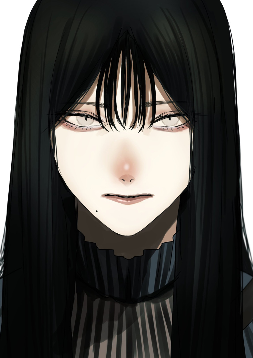 1girl black_hair commentary_request grey_eyes hair_between_eyes highres hoshi_san_3 long_hair looking_at_viewer mole mole_under_mouth original portrait simple_background solo white_background