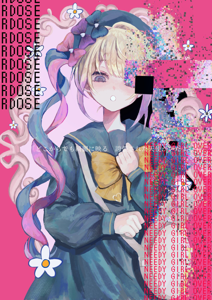 1girl :o beret blonde_hair blue_bow blue_dress blue_eyes blue_hair blue_hat bow chouzetsusaikawa_tenshi-chan copyright_name cowboy_shot cubism_(needy_girl_overdose) dress flower glitch hat highres long_hair long_sleeves looking_at_viewer lyrics multicolored_hair needy_girl_overdose official_alternate_costume open_mouth picture_frame pink_bow pink_hair purple_bow purple_hair quad_tails sailor_collar sailor_dress solo standing tsukishiro_ciel very_long_hair white_bag white_flower yellow_bow