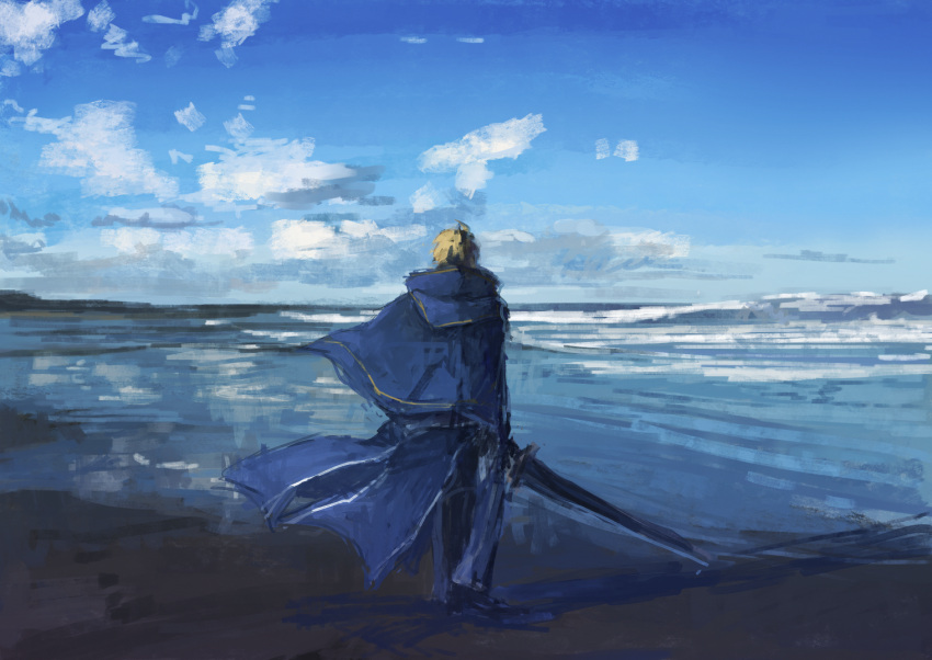 1boy arthur_pendragon_(fate) blonde_hair blue_cape cape clouds ebi_(6_5) fate/grand_order fate_(series) from_behind holding holding_sword holding_weapon knight male_focus ocean painting_(medium) shore short_hair sky solo sword traditional_media waist_cape water weapon wide_shot