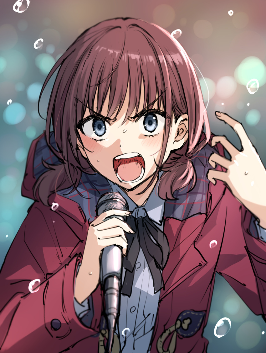 1girl black_ribbon blurry blurry_background brown_hair brown_jacket collared_shirt depth_of_field dress_shirt girls_band_cry grey_eyes hands_up highres holding holding_microphone hood hood_down hooded_jacket iseri_nina jacket long_sleeves looking_at_viewer low_twintails microphone neck_ribbon open_clothes open_jacket open_mouth ribbon shirt short_twintails solo somechime_(sometime1209) twintails upper_body v-shaped_eyebrows water_drop white_shirt