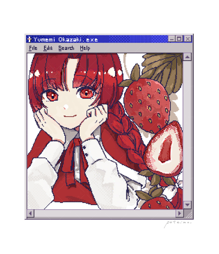 1girl capelet closed_mouth collared_shirt commentary_request food fruit hand_on_own_cheek hand_on_own_face highres long_sleeves looking_at_viewer neck_ribbon okazaki_yumemi poteimo_(poteimo622) puffy_sleeves red_capelet red_eyes red_ribbon red_vest redhead ribbon shirt smile solo strawberry touhou touhou_(pc-98) vest white_shirt