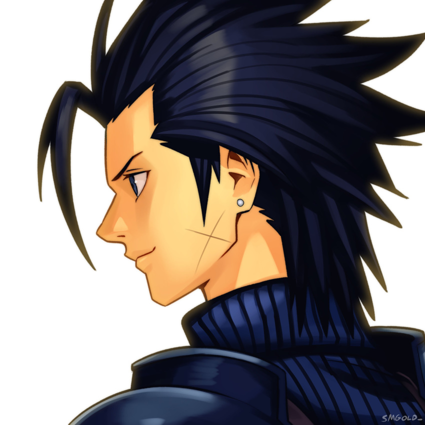 1boy absurdres armor artist_name black_hair blue_eyes blue_sweater closed_mouth commentary crisis_core_final_fantasy_vii cross_scar earrings english_commentary final_fantasy final_fantasy_vii final_fantasy_vii_rebirth final_fantasy_vii_remake from_side hair_slicked_back highres jewelry male_focus portrait profile ribbed_sweater scar scar_on_cheek scar_on_face shoulder_armor smgold smile solo spiky_hair stud_earrings sweater twitter_username upper_body white_background zack_fair
