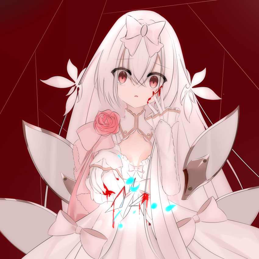 absurdres blood blood_on_face blood_on_hands copyright_request crying crying_with_eyes_open dress flower hair_ornament hair_ribbon highres hikari_(arcaea) hikari_(fatalis)_(arcaea) long_hair looking_at_viewer non-web_source open_mouth pink_flower pink_rose red_background red_eyes ribbon rose simple_background tears white_dress white_hair