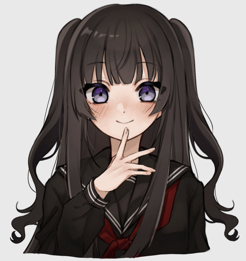 1girl arm_at_side black_hair black_sailor_collar black_shirt blush closed_mouth dot_nose finger_to_mouth hand_up highres long_hair long_sleeves looking_at_viewer neckerchief nijisanji red_neckerchief sailor_collar sata_pwpw school_uniform serafuku shirt sidelocks simple_background sleeve_cuffs smile solo tsukino_mito two_side_up violet_eyes virtual_youtuber white_background