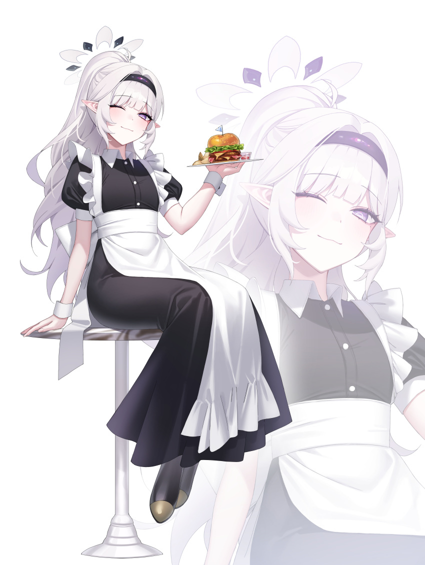 1girl ;) ;3 absurdres alternate_costume alternate_hairstyle apron arm_support bar_stool blue_archive blunt_bangs burger commentary_request enmaided food frilled_apron frills full_body hairband halo highres himari_(blue_archive) holding holding_tray long_hair looking_at_viewer maid maid_apron one_eye_closed pointy_ears ponytail puffy_short_sleeves puffy_sleeves raki_kr short_sleeves sidelocks simple_background sitting smile solo stool tray violet_eyes white_hair wrist_cuffs zoom_layer