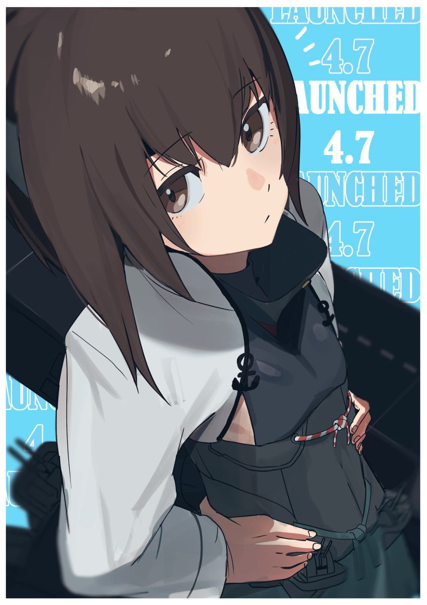 1girl absurdres breasts brown_eyes brown_hair closed_mouth dated english_text flight_deck hair_between_eyes hands_on_own_hips hato_kan headgear highres kantai_collection long_sleeves looking_at_viewer rigging simple_background small_breasts solo taihou_(kancolle) upper_body