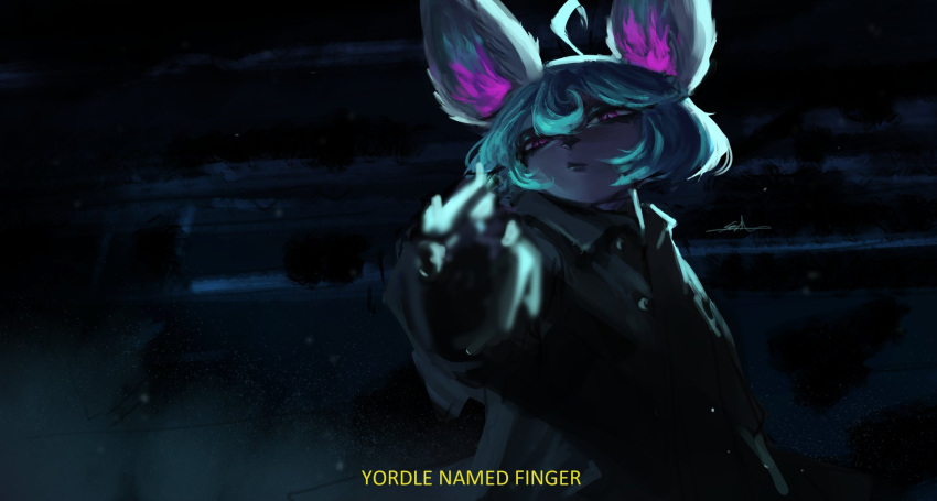 1girl ahoge black_coat black_gloves breaking_bad closed_mouth coat colored_skin cosplay english_commentary english_text gloves green_hair gun handgun highres league_of_legends mike_ehrmantraut overcoat pink_eyes scene_reference short_hair solo sophyucha vex_(league_of_legends) weapon yordle