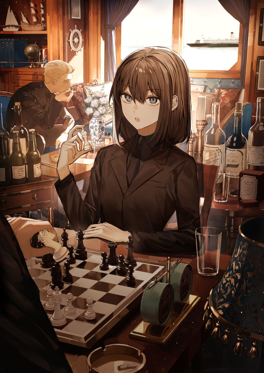 1boy 1girl 1other ashtray beer_bottle bishop_(chess) black_jacket black_necktie board_game boat bookshelf bottle brown_hair chess chess_clock chess_piece chessboard cigarette cruise_ship cup curtains day drinking_glass grey_eyes hair_between_eyes hand_up highres holding_chess_piece horizon indoors jacket knight_(chess) light_rays looking_at_viewer medium_hair necktie original out_of_frame pawn_(chess) rook_(chess) sailboat ship solo_focus suit_jacket tamitami upper_body watercraft window wine_bottle