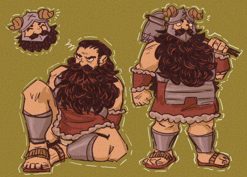 1boy ^_^ ahead axe beard brown_hair closed_eyes dungeon_meshi dwarf expressions facial_hair fake_horns frown full_body helmet highres holding holding_axe horned_helmet horns long_beard male_focus nirdoesnothing senshi_(dungeon_meshi) standing thick_mustache toned toned_male very_long_beard