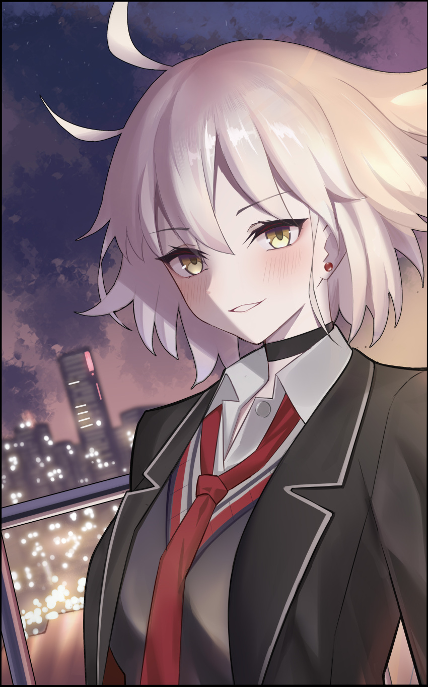 1girl absurdres antenna_hair bingzhi_juzi black_choker black_jacket blush cardigan choker collared_shirt commentary_request fate/grand_order fate_(series) grey_cardigan grey_hair grin hair_between_eyes highres jacket jeanne_d'arc_alter_(fate) looking_at_viewer necktie official_alternate_costume open_clothes open_jacket pale_skin red_necktie school_uniform shirt short_hair smile solo uniform white_shirt yellow_eyes