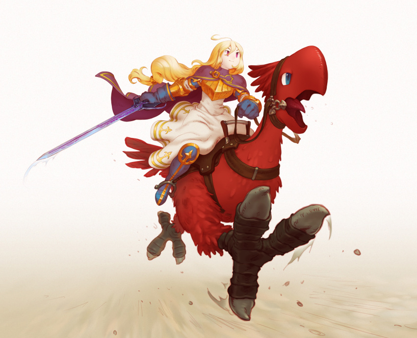 1girl absurdres ahoge beak bird blonde_hair blue_cape blue_eyes blue_gloves boots cape chocobo commission feathers final_fantasy final_fantasy_tactics gloves highres holding holding_reins holding_sword holding_weapon long_hair open_mouth ovelia_atkascha red_feathers reincarnation reins riding riding_animal riding_bird saddle second-party_source smile sword talons tanya_degurechaff violet_eyes weapon xoi youjo_senki
