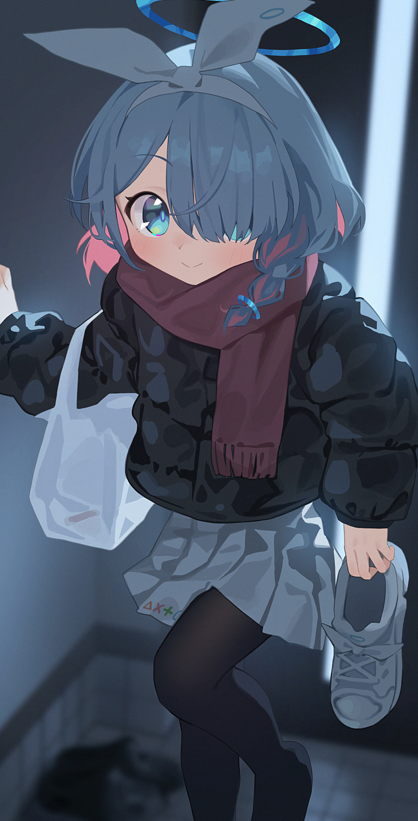 1girl absurdres arona_(blue_archive) bag black_pantyhose blue_archive blue_eyes blue_hair blush bow_hairband colored_inner_hair hair_over_one_eye hairband halo highres jacket looking_at_viewer multicolored_hair nnmbpx pantyhose pink_hair scarf short_hair skirt smile solo two-tone_hair white_hairband
