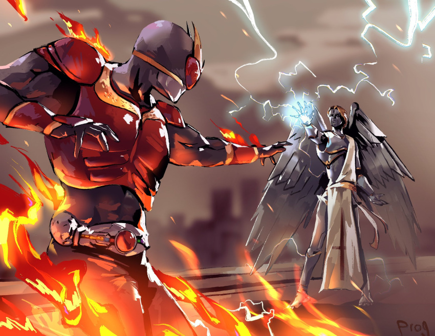 android belt black_bodysuit black_gloves blurry blurry_background bodysuit burning clouds commission crossover electricity english_commentary fire gloves glowing glowing_hand helmet highres kamen_rider kamen_rider_kuuga kamen_rider_kuuga_(series) mechanical_wings megami_tensei metal_skin metatron_(megami_tensei) open_hand prog_ares sky toga tokusatsu wings