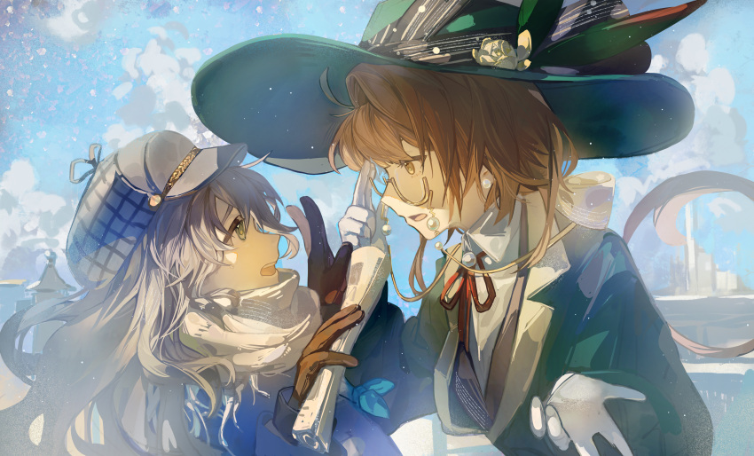 2girls absurdres adjusting_eyewear blue_coat blue_eyes blue_neckerchief blue_sky bow brown_eyes brown_hair cabbie_hat chelizi_(weibo_5986313927) clouds coat collared_shirt eye_contact eyewear_strap face-to-face feathers flower from_side glasses gloves green_feathers green_hat green_jacket grey_hat hair_bow hand_on_eyewear hands_up hat hat_feather hat_flower highres jacket kakania_(reverse:1999) long_hair long_sleeves looking_at_another low_ponytail marcus_(reverse:1999) multiple_girls neck_ribbon neckerchief open_mouth procreate_(medium) profile red_ribbon reverse:1999 ribbon round_eyewear scarf semi-rimless_eyewear shirt sky sun_hat under-rim_eyewear upper_body white_gloves white_scarf white_shirt yellow_bow yellow_flower
