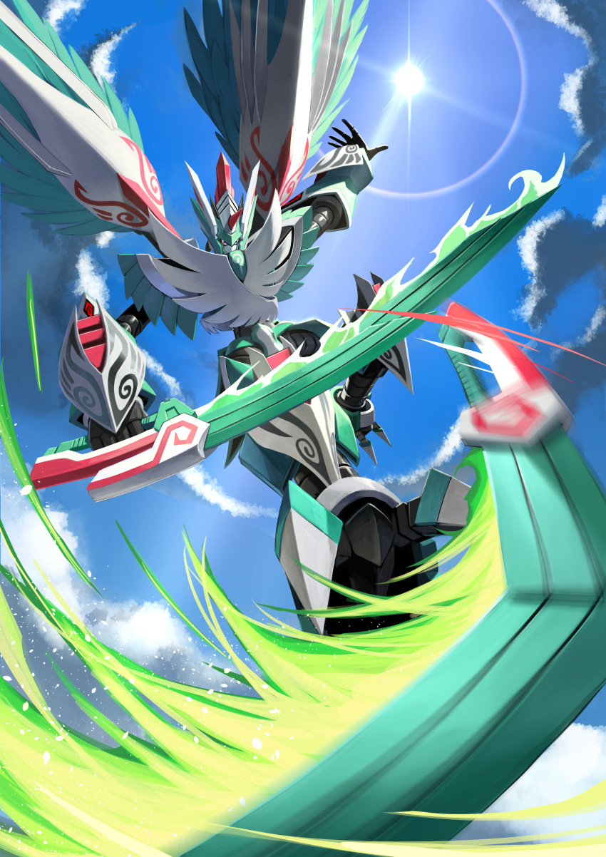 1boy absurdres armor bakeneko38 bird clouds digimon digimon_(creature) energy_sword feathered_wings flying from_below green_armor green_wings highres holding holding_sword holding_weapon horns incoming_attack knight midair outstretched_arm single_horn sky solo sun sunlight sword weapon wings zephagamon