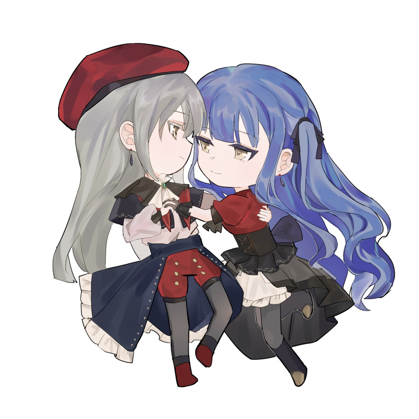 2girls bang_dream! bang_dream!_it's_mygo!!!!! black_capelet black_footwear black_gloves black_pantyhose black_ribbon black_skirt blue_hair capelet closed_mouth commentary earrings eye_contact full_body gloves grey_hair hair_ribbon hand_on_another's_back hat high-waist_skirt highres holding_hands interlocked_fingers jewelry long_hair looking_at_another multiple_girls pantyhose red_footwear red_hat red_shirt red_shorts ribbon shirt short_sleeves shorts sigangsan simple_background skirt smile togawa_sakiko two_side_up wakaba_mutsumi white_background white_shirt yellow_eyes yuri