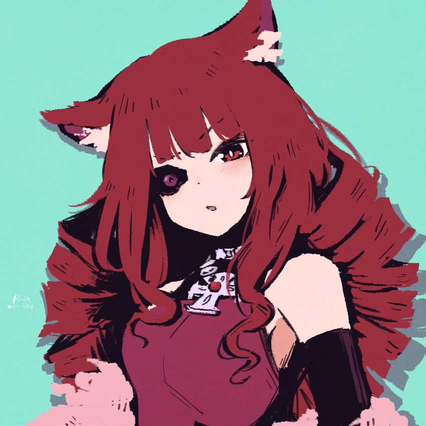 1girl absurdres animal_ear_fluff animal_ears bare_shoulders black_gloves blunt_bangs blurry blurry_background cat_ears drill_hair elbow_gloves gloves highres looking_at_viewer red_eyes redhead rnna solo stella_hoshii twin_drills upper_body va-11_hall-a wavy_hair