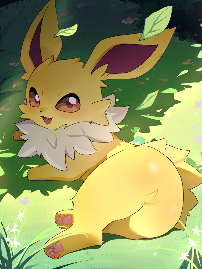 absurdres day falling_leaves flong flower full_body grass highres jolteon leaf looking_at_viewer lying no_humans on_grass on_side open_mouth outdoors pokemon pokemon_(creature) solo white_flower