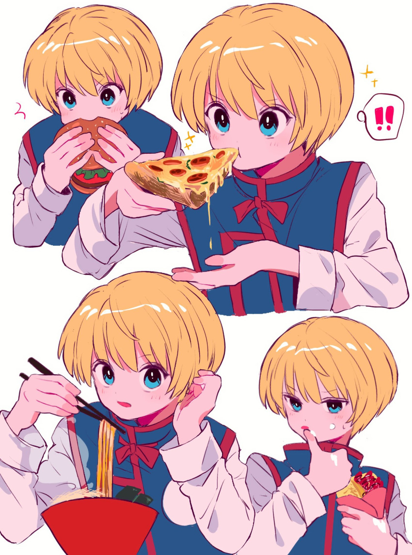 ! !! 1boy androgynous blonde_hair blue_eyes blue_tabard blush burger chopsticks commentary cream cream_on_face crepe eating food food_on_face highres holding holding_burger holding_chopsticks holding_food holding_pizza hunter_x_hunter kkkkkk_lut44 kurapika licking licking_finger long_sleeves looking_at_another looking_at_viewer male_focus noodles open_mouth pepperoni pepperoni_pizza pizza pizza_slice ramen shirt short_hair simple_background sparkle tabard white_background white_shirt