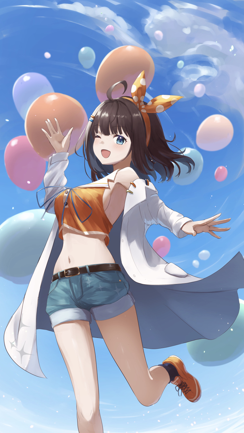 1girl :d \||/ absurdres ahoge armpits balloon bare_shoulders belt belt_buckle black_socks blue_eyes blue_ribbon blue_shorts blue_sky blush breasts brown_belt brown_hair buckle clouds commentary_request cropped_shirt cross-laced_footwear day denim denim_shorts dot_nose foot_out_of_frame from_below hair_ornament hairband hairclip hand_up highres jacket large_breasts leg_up long_sleeves looking_at_viewer looking_down medium_hair navel off_shoulder one_eye_closed open_clothes open_jacket open_mouth orange_footwear orange_hairband orange_ribbon orange_shirt outdoors outstretched_hand polka_dot polka_dot_ribbon ribbon shirt shoes short_shorts shorts sideboob sidelocks sky smile sneakers socks solo spread_fingers standing standing_on_one_leg star_(symbol) stomach tansui_san_(tcjp4784) thick_eyelashes thighs uni_create virtual_youtuber white_jacket zutsuki_tsukuru