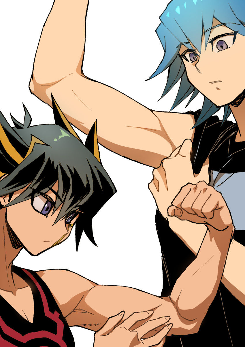 absurdres adjusting_clothes biceps black_hair black_shirt black_tank_top blue_eyes blue_hair bruno_(yu-gi-oh!) comparison expressionless facial_mark facial_tattoo flexing fudo_yusei grey_eyes hand_on_own_arm highres looking_down looking_to_the_side marking_on_cheek multicolored_hair parted_lips shirt short_hair simple_background size_comparison spiky_hair standing streaked_hair t-shirt tank_top tattoo toned toned_male white_background youko-shima yu-gi-oh! yu-gi-oh!_5d's