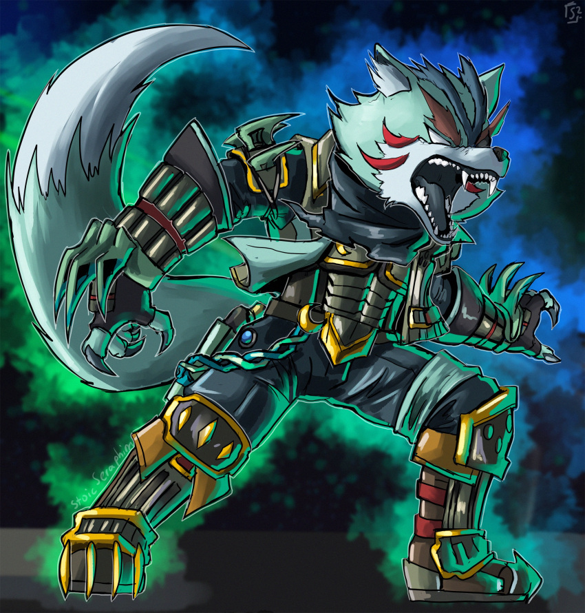 1boy alternate_color alternate_costume alternate_eye_color alternate_weapon angry animal_ears aura blue_fur blue_gemstone blue_scarf boots chain claw_(weapon) claws corruption crescent crossover dark_persona double_helix facial_tattoo fangs fierce_deity fingerless_gloves furry gem gloves glowing highres jacket looking_to_the_side male_focus multicolored_fur nintendo no_pupils open_clothes open_jacket open_mouth possessed roaring scarf standing star_fox star_fox_2 star_fox_64 stoic_seraphim super_smash_bros. tail tattoo the_legend_of_zelda the_legend_of_zelda:_majora's_mask weapon white_eyes wolf wolf_boy wolf_ears wolf_o'donnell wolf_tail wrist_guards