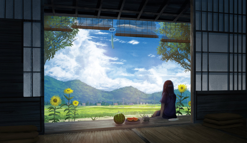 1girl absurdres ame_sagari bare_arms blue_shirt blue_sky blue_sleeves brown_hair building clouds day field flower food from_behind fruit full_body highres long_hair mountain original oversized_clothes plate power_lines scenery shirt short_sleeves shouji sky sliding_doors solo sunflower t-shirt tree veranda watermelon watermelon_slice wind_chime yellow_flower