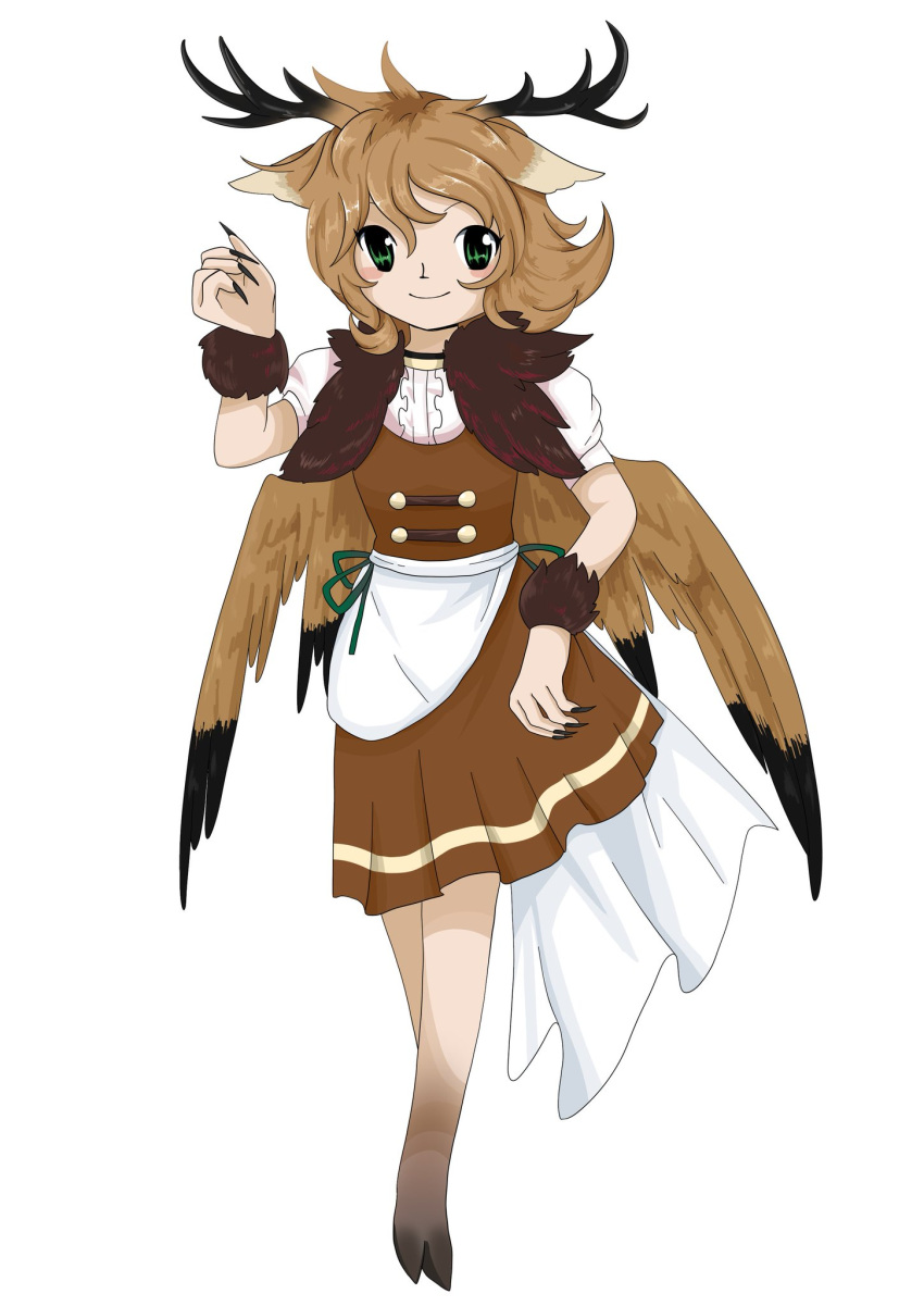 1girl animal_ears antlers apron bad_id bad_twitter_id bare_legs black_nails blush_stickers brown_capelet brown_dress brown_hair brown_wings brown_wrist_cuffs buttons capelet center_frills closed_mouth commentary commission deer_antlers deer_ears deer_girl dress english_commentary feather_capelet feathered_wings fingernails frills full_body fur_cuffs green_eyes green_ribbon hair_between_eyes highres hooves horns luo_qiangwei medium_hair multiple_wings original pleated_skirt puffy_short_sleeves puffy_sleeves ribbon sharp_fingernails shirt short_dress short_sleeves simple_background skirt sleeveless sleeveless_dress smile solo standing tachi-e touhou waist_apron waist_ribbon white_apron white_background white_shirt wings zun_(style)