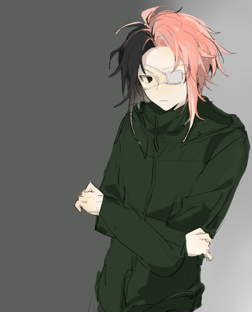 1boy :| black_eyes black_hair chinese_commentary closed_mouth commentary_request eyepatch green_jacket grey_background highres jacket long_sleeves male_focus medical_eyepatch multicolored_hair mutsushika_misumi parted_bangs pink_hair saibou_shinkyoku short_hair simple_background solo split-color_hair temeredness two-tone_hair upper_body