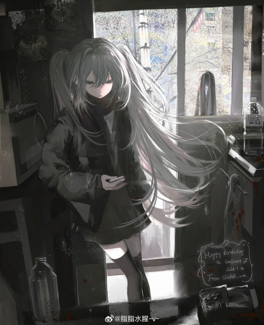 1girl absurdres bag black_jacket black_skirt black_thighhighs blood bottle cellphone feet_out_of_frame grey_eyes grey_hair guigui_rongrong hair_between_eyes highres holding holding_phone indoors jacket long_hair long_sleeves original phone pleated_skirt scarf skirt smartphone solo standing thigh-highs twintails very_long_hair window zettai_ryouiki