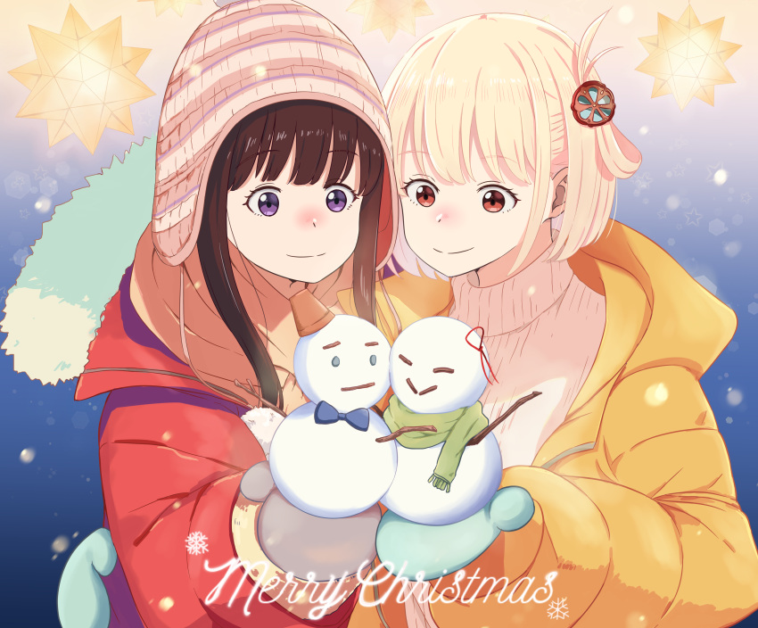 2girls absurdres beanie black_hair blonde_hair blue_background blue_mittens chai_haru christmas closed_mouth coat commentary_request english_text grey_mittens hand_on_another's_waist hat highres inoue_takina long_hair long_sleeves lycoris_recoil medium_hair merry_christmas mini_snowman mittens multiple_girls nishikigi_chisato one_side_up red_coat ribbed_sweater scarf smile snowman sweater upper_body violet_eyes white_sweater winter_clothes yellow_coat yellow_scarf
