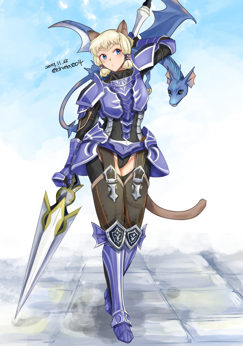1girl 2023 absurdres adventurer_(ff11) animal_ears arm_behind_head arm_up armor blonde_hair blue_armor blue_eyes brown_tail cat_ears cat_girl cat_tail chatarou_bekkan dated dragon dragoon_(final_fantasy) dragoon_wyvern_(ff11) eyelashes faulds final_fantasy final_fantasy_xi greaves hair_tubes highres holding holding_polearm holding_weapon mithra_(ff11) no_eyebrows polearm short_bangs short_hair shoulder_armor solo spear tail twitter_username weapon