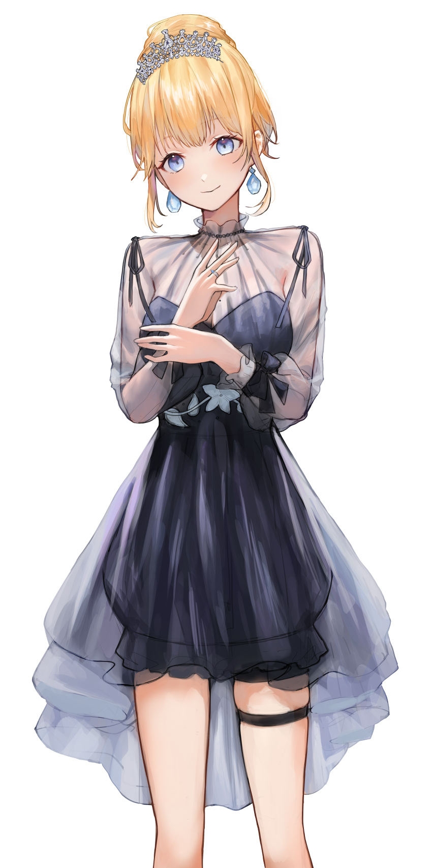 1girl absurdres black_dress blonde_hair blue_eyes breasts closed_mouth cowboy_shot dress earrings hair_bun highres hololive jewelry kaze_22 long_hair long_sleeves looking_at_viewer mole mole_on_breast official_alternate_costume official_alternate_hairstyle see-through see-through_dress short_dress short_hair sidelocks simple_background single_hair_bun sleeveless sleeveless_dress smile solo thigh_strap tiara very_long_hair virtual_youtuber watson_amelia watson_amelia_(3rd_costume) white_background