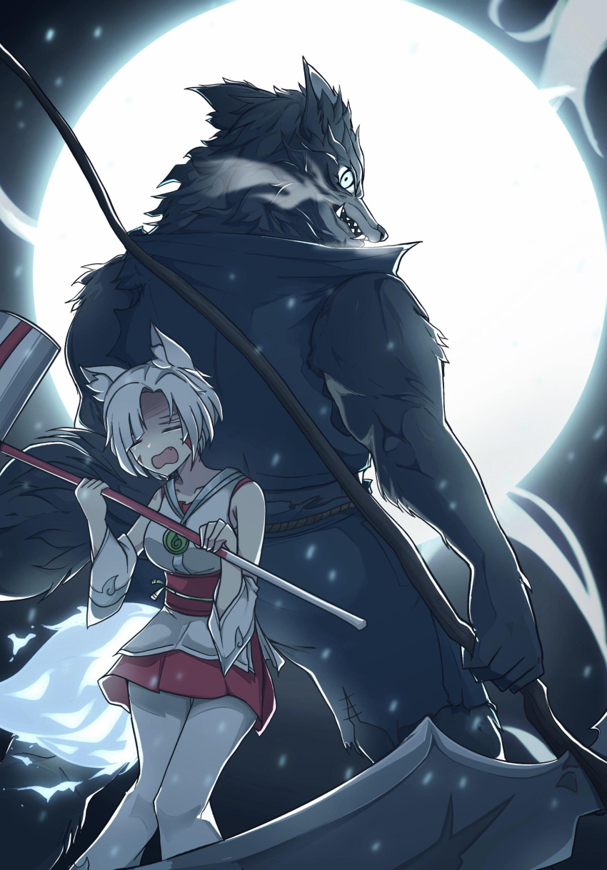 1boy 1girl =_= absurdres animal_ear_fluff backlighting brawlhalla breasts closed_eyes collarbone commentary cringywoomy d: detached_sleeves dress english_commentary facial_mark facing_viewer feet_out_of_frame fox_girl full_moon furry glowing_tail grey_fur hammer height_difference highres holding holding_hammer holding_scythe holding_weapon japanese_clothes kitsune kyuubi looking_at_viewer looking_back medium_breasts miko moon mordex multiple_tails obi pants partially_shaded_face pigeon-toed pleated_skirt red_shirt red_skirt sash scythe shirt size_difference skirt sledgehammer steam_from_mouth tail torn_clothes war_hammer weapon werewolf white_dress white_fur white_pants white_shirt wolf_boy yumiko_(brawlhalla)