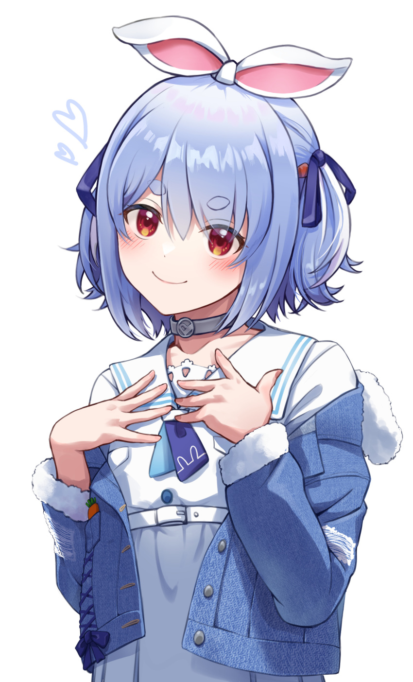 1girl animal_ears belt blue_hair blush choker closed_mouth collarbone dress hands_on_own_chest hands_up heart highres hololive off_shoulder official_alternate_costume rabbit_ears rabbit_girl red_eyes sailor_collar short_eyebrows simple_background smile solo tied_ears usada_pekora usada_pekora_(casual) virtual_youtuber white_background white_choker white_dress yeogpu_(seung832222)