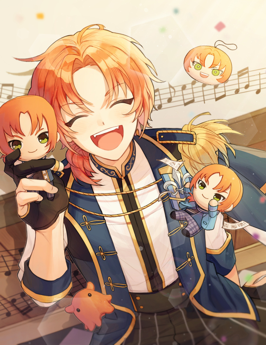 1boy :d beamed_eighth_notes beamed_sixteenth_notes black_pants blue_jacket character_doll chibi closed_eyes ensemble_stars! epaulettes facing_viewer gloves gold_trim green_eyes highres jacket kuripang_bbb male_focus musical_note pants parted_bangs partially_fingerless_gloves smile solo tsukinaga_leo zipper