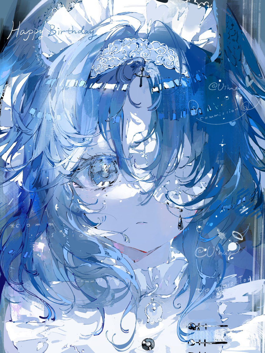 1girl blue_eyes blue_hair blue_theme closed_mouth commission eyepatch frills hair_between_eyes happy_birthday head_wings highres long_hair looking_at_viewer maid_headdress one_eye_covered original parted_lips portrait solo straight-on vihua6 watermark wings