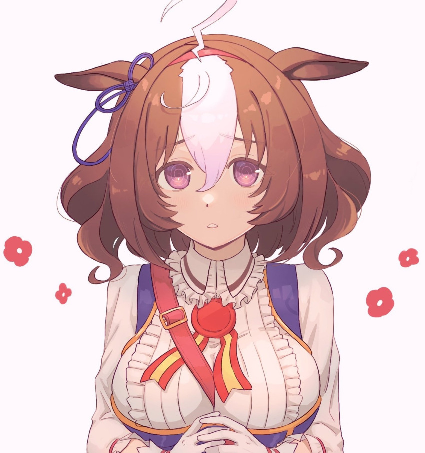 1girl ahoge animal_ears breasts brown_hair collared_shirt ear_ribbon ears_down flower gloves hair_between_eyes hairband highres hisashi_(g6bfb) horse_ears horse_girl large_breasts long_sleeves looking_at_viewer meisho_doto_(umamusume) multicolored_hair own_hands_together pink_hairband red_flower shirt short_hair solo two-tone_hair umamusume violet_eyes white_background white_gloves white_hair white_shirt