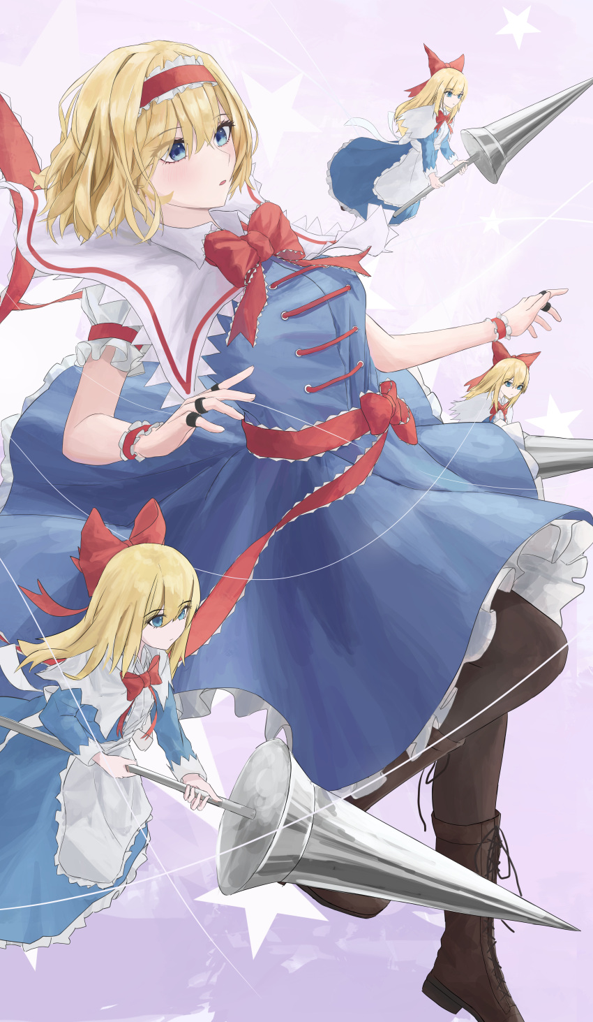 1girl absurdres alice_margatroid apron blonde_hair blue_dress blue_eyes bow bowtie capelet closed_mouth commentary doll dress expressionless frilled_hairband frills hair_bow hairband highres jewelry lance light_blush lolita_hairband long_hair long_sleeves medium_hair muginosa open_mouth polearm puppet_rings puppet_strings red_bow red_bowtie red_hairband ring shanghai_doll short_sleeves solo star_(symbol) string touhou waist_apron weapon white_capelet wrist_cuffs