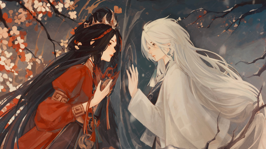 2girls black_hair branch chengya_huanwo chinese_clothes closed_mouth du_ruo_(path_to_nowhere) earrings eye_contact eyeshadow facial_mark flower forehead_mark grey_hair highres holding holding_mask jewelry long_hair long_sleeves looking_at_another makeup mask multiple_girls outdoors path_to_nowhere red_eyeshadow red_robe ripples robe tassel tassel_earrings upper_body watermark white_hair white_robe yao_(path_to_nowhere)