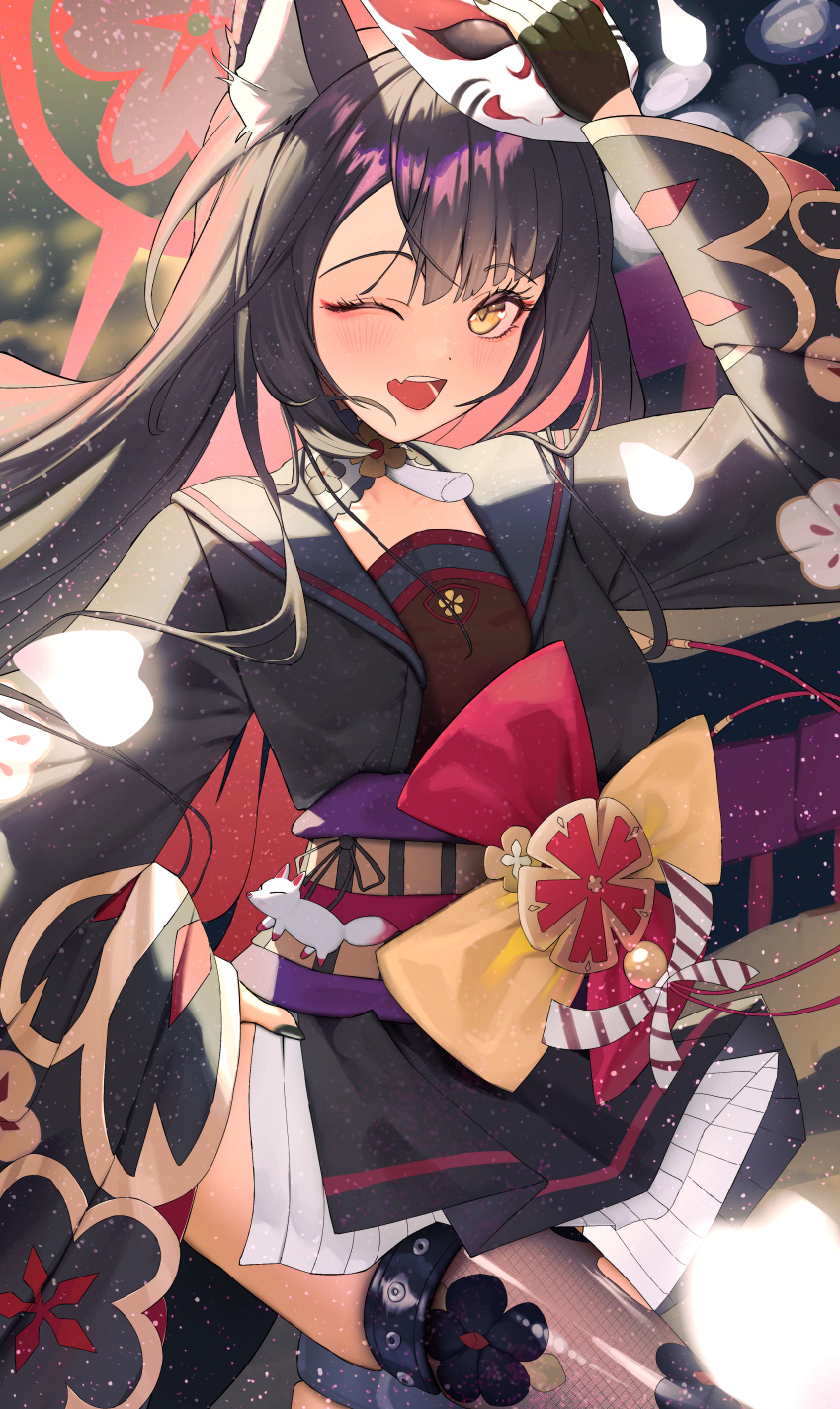 1girl absurdres animal_ear_fluff animal_ears black_gloves black_hair black_kimono black_nails black_thighhighs blue_archive blush colored_inner_hair fang fingerless_gloves fingernails fox_ears fox_mask gloves halo highres japanese_clothes kenka_(user_hrjm2543) kimono long_hair long_sleeves looking_at_viewer mask multicolored_hair nail_polish obi one_eye_closed open_mouth red_halo redhead sash skin_fang smile solo thigh-highs wakamo_(blue_archive) wide_sleeves yellow_eyes