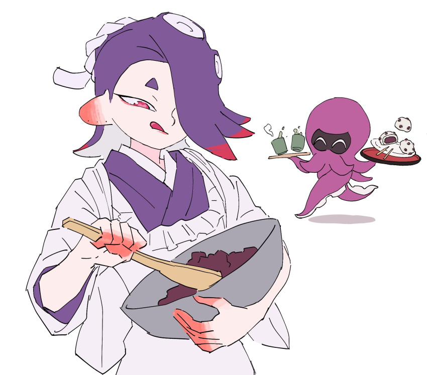 1girl :q ^_^ apron baking bowl cephalopod_eyes chibi closed_eyes closed_mouth cup food hachimaki hair_over_one_eye headband highres holding holding_bowl holding_spoon holding_tray jounetsu_(jonetunoaoitako) kappougi long_hair mixing_bowl mochi multicolored_hair multiple_views nejiri_hachimaki octoling octopus official_alternate_costume one_eye_covered purple_hair red_bean_paste red_eyes redhead shiver_(splatoon) short_eyebrows splatoon_(series) splatoon_3 spoon suction_cups tentacle_hair tongue tongue_out tray two-tone_hair white_background wooden_spoon yunomi
