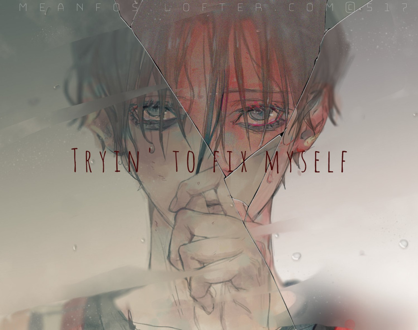 1boy black_hair bluesy broken_mirror commentary covered_mouth english_commentary english_text hair_between_eyes killing_stalking looking_at_viewer male_focus mirror short_hair solo yoon_bum