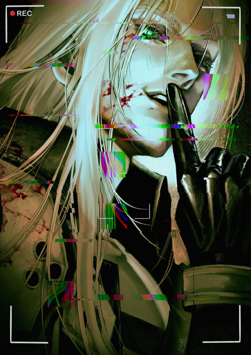 113png 1boy armor blood blood_on_clothes blood_on_face bracer coat evil_smile final_fantasy final_fantasy_vii finger_to_mouth glitch gloves green_eyes hand_up hashtag-only_commentary high_collar highres long_bangs long_hair looking_down male_focus open_mouth parted_bangs pauldrons sephiroth shoulder_armor smile solo teeth upper_body upper_teeth_only viewfinder