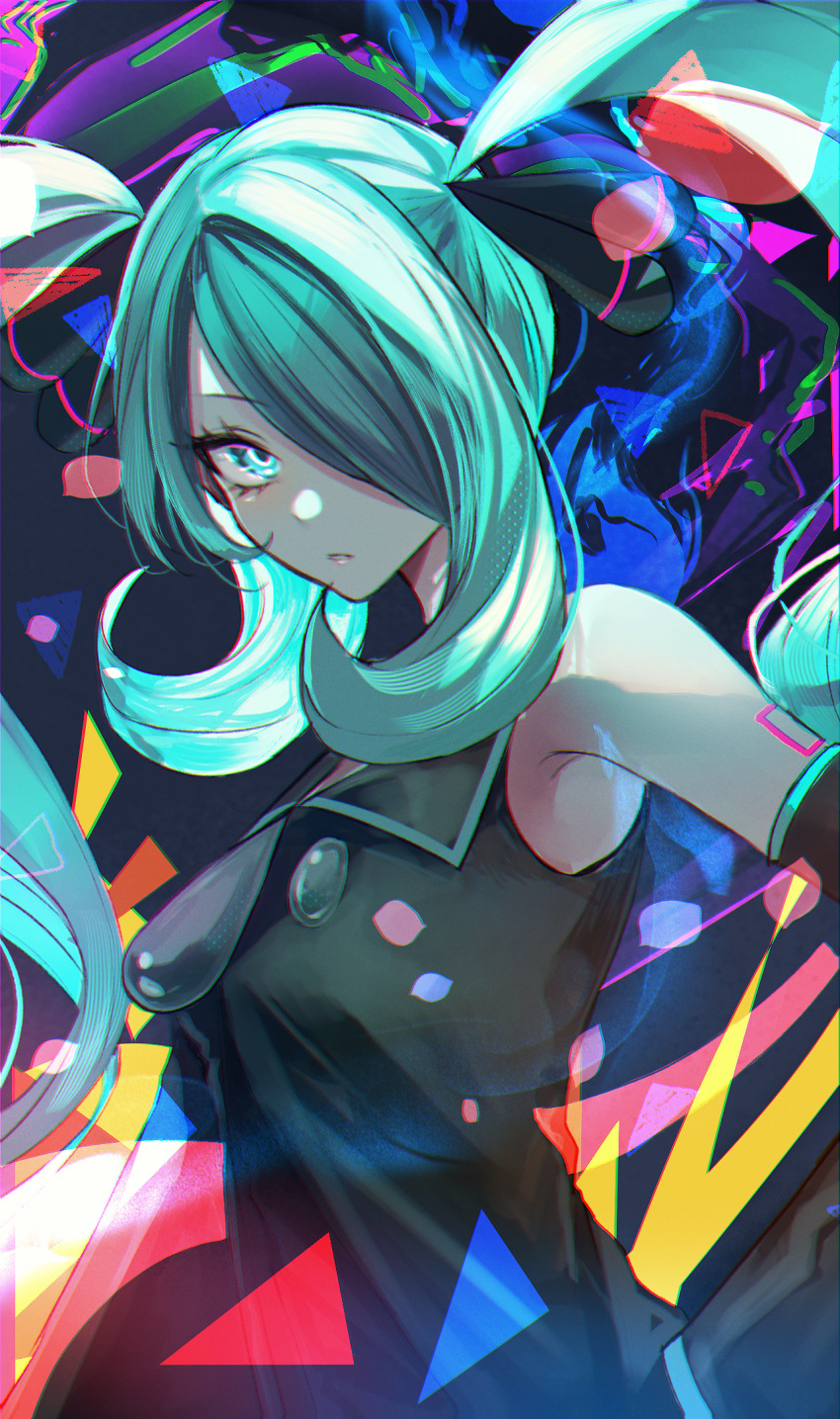 1girl aqua_eyes black_shirt collared_shirt commentary_request cosplay cynthia_(pokemon) cynthia_(pokemon)_(cosplay) detached_sleeves eyelashes flipped_hair green_hair hair_ornament hair_over_one_eye hatsune_miku highres long_hair looking_at_viewer parted_lips pokemon pokemon_dppt project_voltage shirt sleeveless sleeveless_shirt solo ssn_(sasa8u9r) twintails upper_body vocaloid