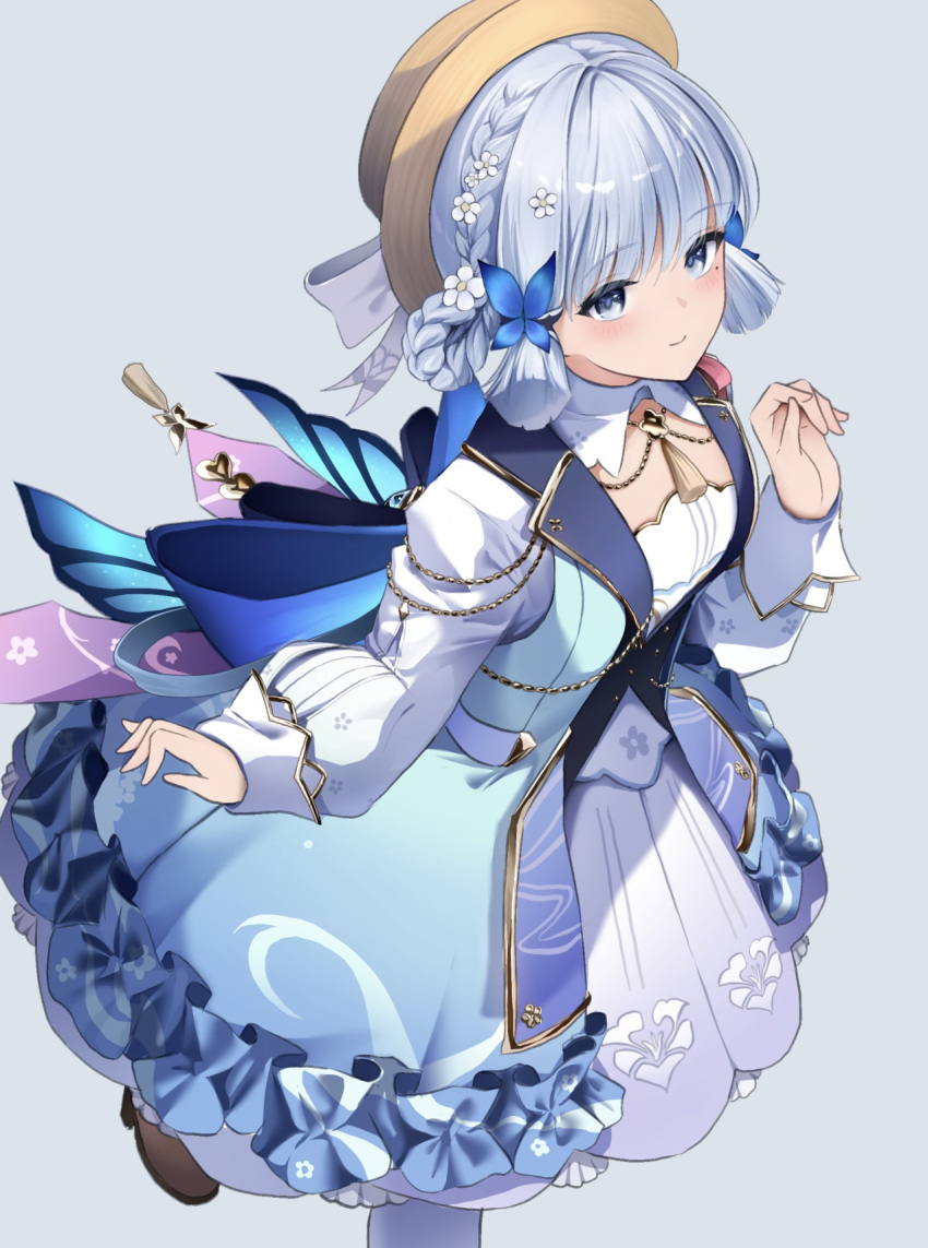 1girl blue_butterfly blue_dress blue_eyes blue_hair blunt_bangs blunt_tresses blush braid braided_hair_rings brown_hat bug butterfly butterfly_hair_ornament closed_mouth collar dress flower genshin_impact hair_flower hair_ornament hair_up hat highres kamisato_ayaka kamisato_ayaka_(springbloom_missive) light_blue_hair long_sleeves looking_at_viewer mole mole_under_eye multicolored_clothes multicolored_dress neck_tassel official_alternate_costume official_alternate_hairstyle puffy_long_sleeves puffy_sleeves simple_background smile solo tol10131 white_collar