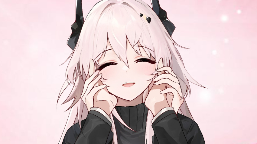 1girl :d ^_^ aliasing arknights black_horns black_sweater chinese_commentary closed_eyes commentary_request facing_viewer hair_between_eyes hands_on_another's_cheeks hands_on_another's_face hands_up happy horns light_blush long_hair long_sleeves long_wuxian material_growth open_mouth oripathy_lesion_(arknights) pink_background pink_hair portrait pov pov_hands smile solo_focus sweater theresa_(arknights) turtleneck turtleneck_sweater
