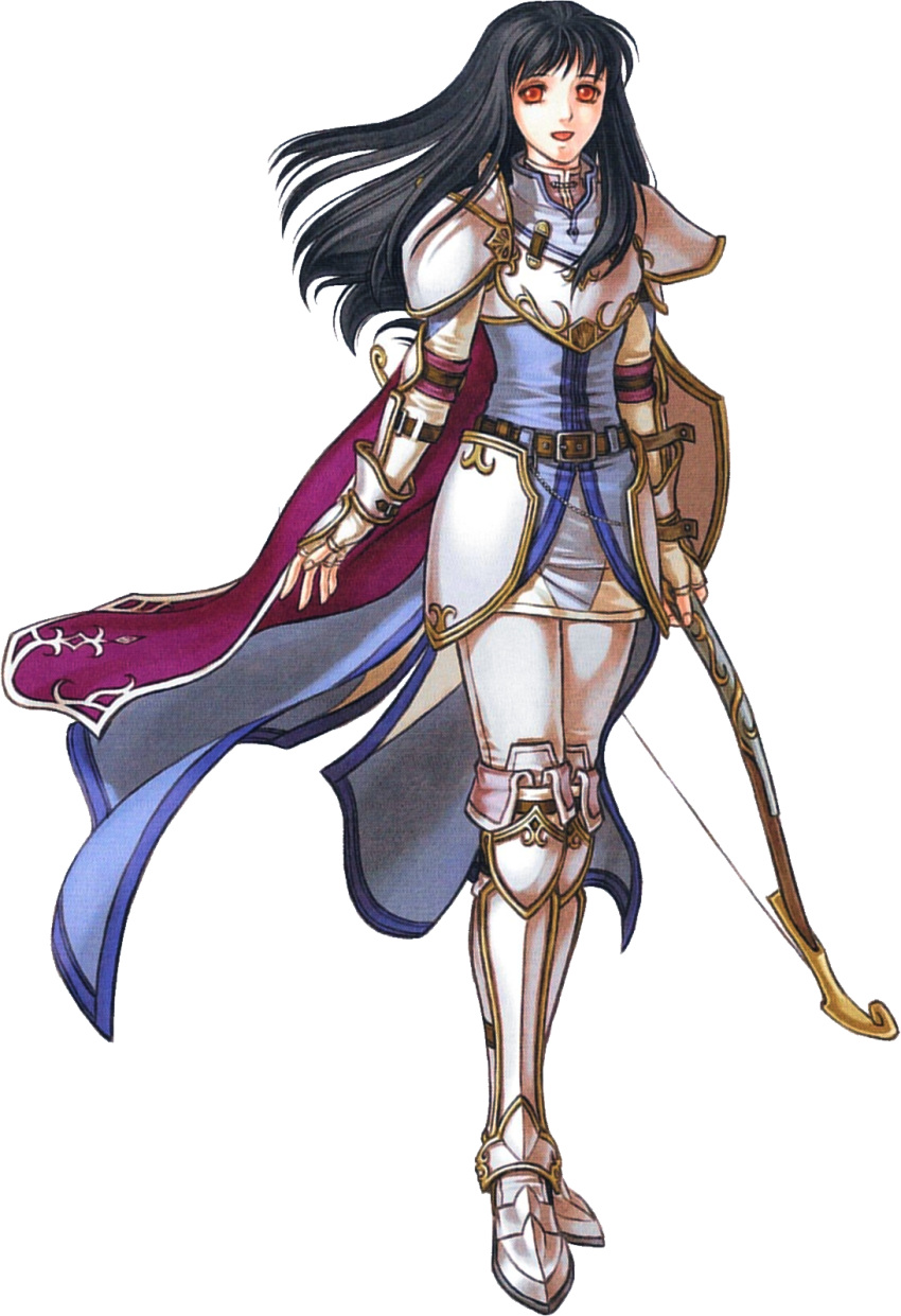 1girl :d armor astrid_(fire_emblem) belt black_hair bow_(weapon) breastplate brown_eyes cape clenched_hands fingerless_gloves fire_emblem fire_emblem:_radiant_dawn full_body gloves highres holding holding_bow_(weapon) holding_weapon kita_senri long_hair official_art open_mouth pauldrons shoulder_armor smile weapon
