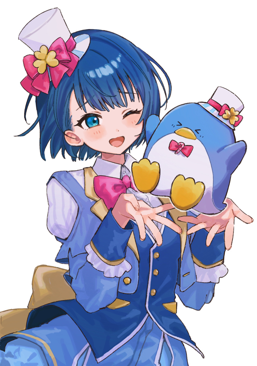 &gt;_&lt; 1girl bird blue_eyes blue_hair blue_skirt blue_vest blush bow bowtie commentary_request grey_background hands_up hat hat_bow highres kiritani_haruka long_sleeves looking_at_another mini_hat one_eye_closed open_mouth penguin pink_bow pink_bowtie project_sekai sanrio shirt short_hair simple_background skirt smile solo top_hat tuxedo_sam uminokaisen vest white_hat white_shirt